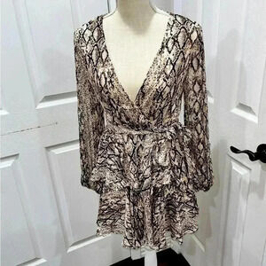 DO+BE plunge, ruffled skirt, snake print, waist tie, back zip, lined, mini dress